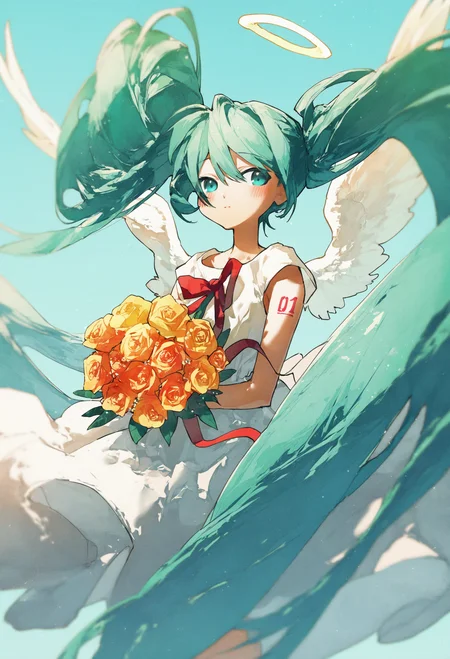 1girl, hatsune miku,
long hair, solo, bouquet, flower, dress, very long hair, twintails, halo, white dress, holding bouquet, yellow flower, holding, sleeveless, bangs, looking at viewer, sleeveless dress, sky, ribbon, wings, floating hair, closed mouth, blue sky, orange flower, rose, red ribbon, blue eyes, aqua eyes, absurdly long hair, blue background, angel wings, angel, white wings, aqua hair, yellow rose, aqua background, blush,
.
masterpiece, best quality, very aesthetic, absurdres
<lora:potgfornoob:0.95>