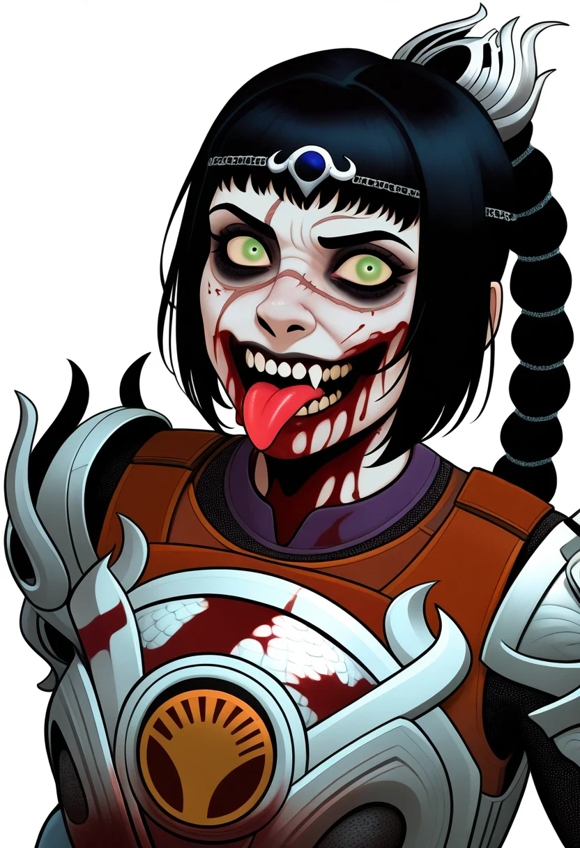 best quality, amazing quality, very aesthetic, absurdres,
BREAK
1girl, zombie, blood, tongue out, horror \(theme\),
solo, shadowheart, black hair, braided ponytail, green eyes, scar on face, circlet, armor,
smile, looking at viewer, upper body, simple background, white background, <lora:ShadowHeartIllustrious_byKonan:0.8>, <lora:ZombifiedNoobXL_byKonan:1>