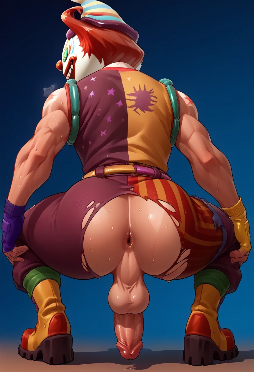 score_9_up, score_8_up, score_7_up, solo, line art, 1boy, fort_nitenite, mask, t-shirt, fingerless gloves, torn pants, boots, backturned, squat, showing big ass, anus, sweat, penis, balls,