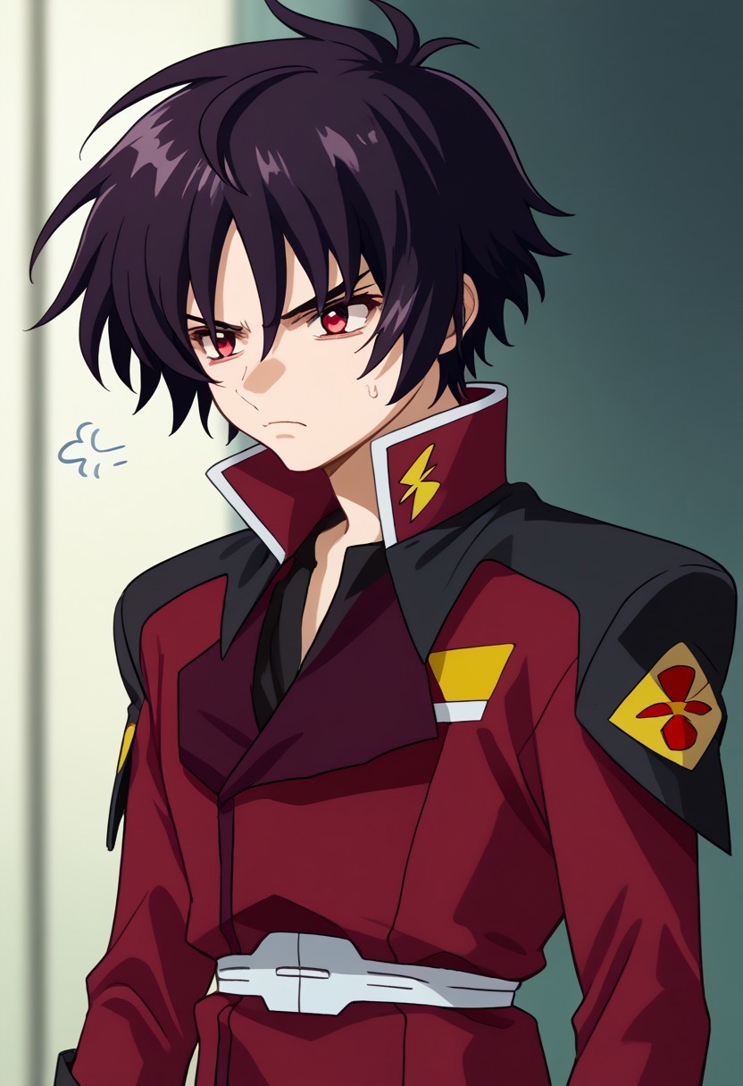 score_9, score_7_up, source_anime 
shinn, 1boy, male focus, solo, red eyes, black hair, uniform, military, military uniform, jacket, red jacket, long sleeves, annoyed
indoor