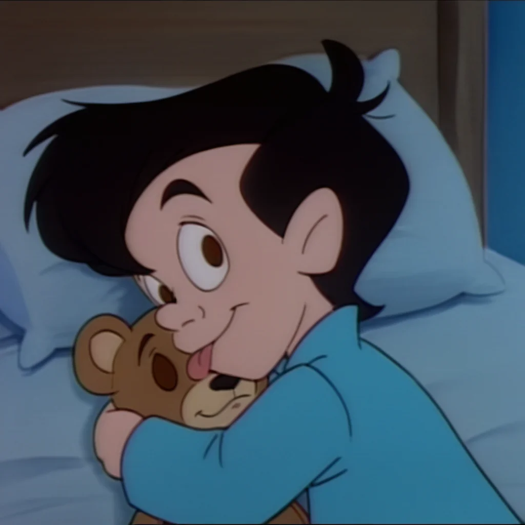 score_9_up, score_8_up, BREAK, neddiehugsonozkids, 1boy, solo, human, black hair, brown eyes, blue pajama shirt, upper body, silly, (cuddling teddy bear), male child, sticking tongue out, looking at you, bedroom, retro, accurate drawing, <lora:Neddie_Hugson_Oz_Kids:1>