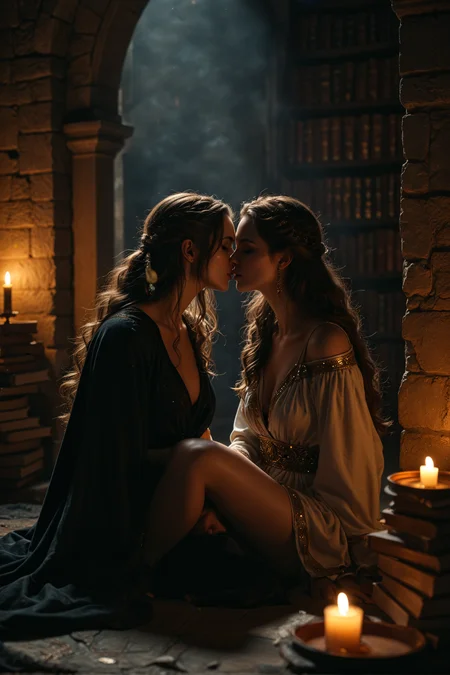 score_9, score_8_up, score_7_up, score_6_up, 2girls, 21 year old, ((night)), (wide shot), ((medieval)), short female scholar, kissing, female wizard, sitting in alcove, library, choatic piles of books, candle light, high cut clothing, ornate, nighttime, magical sparks, ((deep v-neck)), stone pillar, head leaning back, romantic, reaching kiss, (ornate clothing), perfect figure, ((undressing)), ((robe on floor)), intimate highly detailed skin, perfect hips, wide hips, highly detailed skin, glistening skin, gloom, movie still, ((perfect eyes)), ((Low-key lighting)), ((dark background))