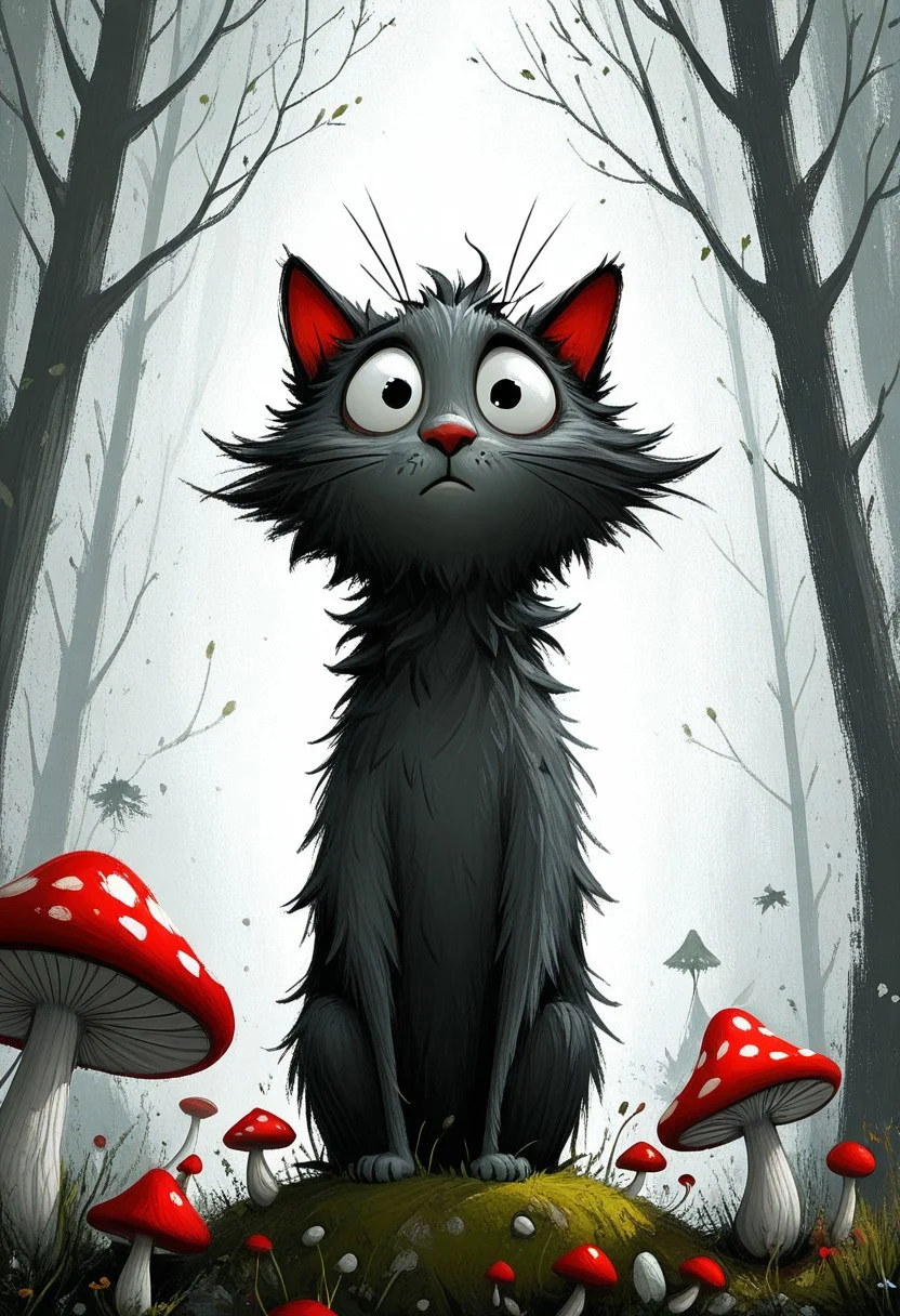 cat, fluffy, white, enormous eyes, curious expression, christmass tree, red light mushrooms, textured fur, wispy whiskers, tim burton style, dark whimsical, detailed