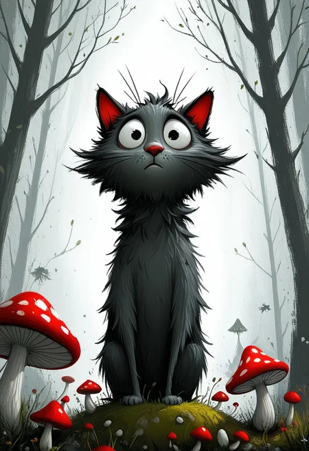 cat, fluffy, white, enormous eyes, curious expression, christmass tree, red light mushrooms, textured fur, wispy whiskers, tim burton style, dark whimsical, detailed