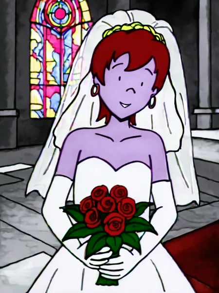 score_9, source_anime, masterpiece, high quality, BREAK, white background, 1girl, <lora:Beebee_Bluff_PDXLv0:0.8> beebee bluff, hoop earrings, aged up, wide hips, adult figure, mature body, hair ornament, gloves, dress, holding, cleavage, hair between eyes, bare shoulders, collarbone, flower, elbow gloves, indoors, white gloves, hair flower, white dress, strapless, rose, red flower, veil, strapless dress, red rose, bouquet, wedding dress, bridal veil, holding bouquet, bride, stained glass, church