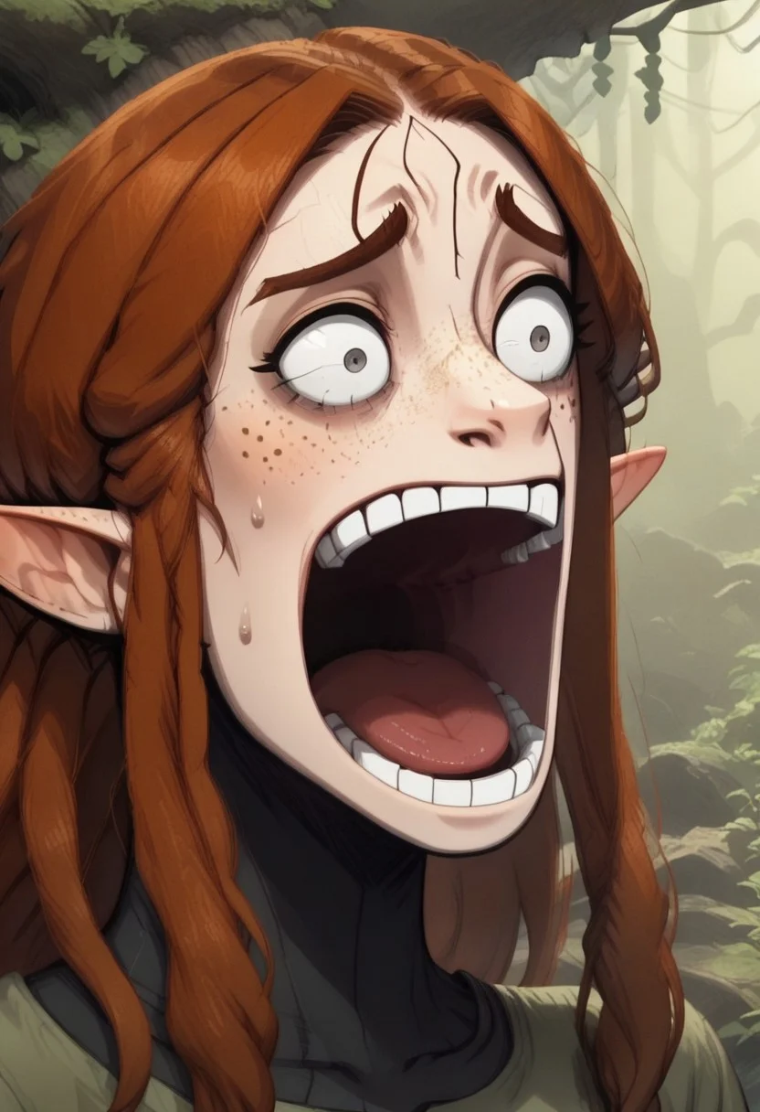 Malgha, 1 person, androgynous, solo, snout nose, pointy ears, gray eyes, light skin, freckles, tall, auburn hair, long hair, straight hair, two large strands of hair sticking straight up, small locks of hair in front of forehead, back-length hair, average build, small nostrils, ((green tunic)),
((Close up, face focus)), enel face,open mouth,sweat,teeth,wide-eyed,constricted pupils,
((organic cavern background, luminous moss, plants, bordered by moss, detailed moss))
megaman zero style,
highly detailed face, detailed ears, high quality, best quality, masterpiece, score: 9, score: 8 up, rating: safe, source: anime screencap