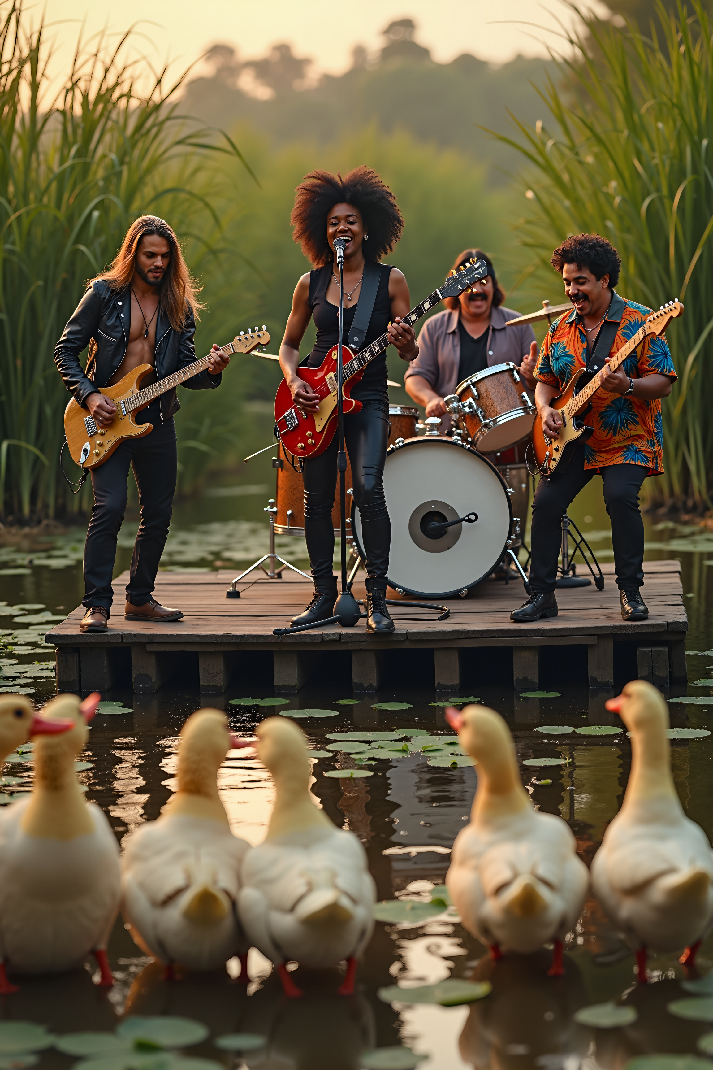 A movie still,high resolution photograph,A humorous and lively scene capturing a rock band performing for an enthusiastic audience of ducks. The band is on a makeshift stage set up by a serene pond, with a backdrop of reeds and lily pads.


On the left, the long-haired guitar player, with flowing locks and a leather jacket, skillfully shreds on his electric guitar, his focus intense and expressive.
In the middle, the female African vocalist, radiant and dynamic, stands confidently with a microphone in hand, belting out a powerful tune. She’s dressed in stylish rock attire, her energy infectious. 

On the right The fat Latino bass player, wearing a bright, colorful shirt and matching hat, grooves rhythmically while plucking his bass with a broad smile, adding a fun, charismatic element to the performance. 

In the back, the drummer with a moustache and wearing a headband, full of enthusiasm, energetically plays on a compact drum set, his drumsticks flying as he keeps the beat.

The audience, a row of ducks gathered at the edge of the pond, watch with rapt attention. Some ducks are even bobbing along to the rhythm, while others have their heads tilted in curiosity. The scene is bathed in the soft, golden light of a setting sun, creating a whimsical and cheerful atmosphere.