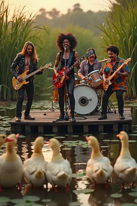 A movie still,high resolution photograph,A humorous and lively scene capturing a rock band performing for an enthusiastic audience of ducks. The band is on a makeshift stage set up by a serene pond, with a backdrop of reeds and lily pads.
On the left, the long-haired guitar player, with flowing locks and a leather jacket, skillfully shreds on his electric guitar, his focus intense and expressive.
In the middle, the female African vocalist, radiant and dynamic, stands confidently with a microphone in hand, belting out a powerful tune. She’s dressed in stylish rock attire, her energy infectious.
On the right The fat Latino bass player, wearing a bright, colorful shirt and matching hat, grooves rhythmically while plucking his bass with a broad smile, adding a fun, charismatic element to the performance.
In the back, the drummer with a moustache and wearing a headband, full of enthusiasm, energetically plays on a compact drum set, his drumsticks flying as he keeps the beat.
The audience, a row of ducks gathered at the edge of the pond, watch with rapt attention. Some ducks are even bobbing along to the rhythm, while others have their heads tilted in curiosity. The scene is bathed in the soft, golden light of a setting sun, creating a whimsical and cheerful atmosphere.