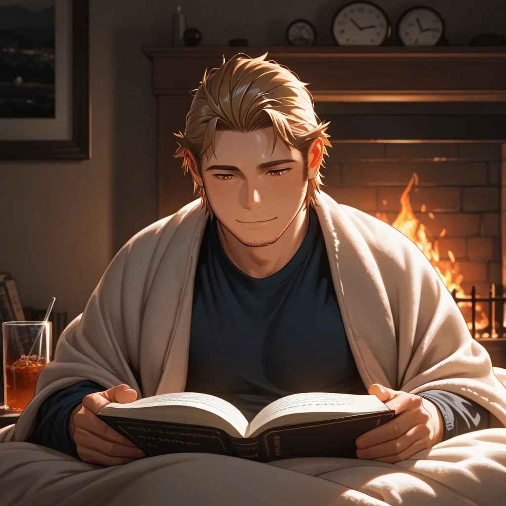 masterpiece, best quality, amazing quality, absurdres, newest, detailed background, definition so sharp, Ultra-HD, 8K cinematic, very awa, impressionate, amazing quality, highres,
solo, male focus, manly, plump, shadow, shiny skin,
ekusoushizumu, ekusou_brunette, ekusou_orange eyes, 1boy, short hair, sideburns, stubble, cozy, warm_lighting, fireplace, soft_blanket, book_reading, hot_drink, peaceful, relaxed, hygge, indoor, gentle_smile, natural_light