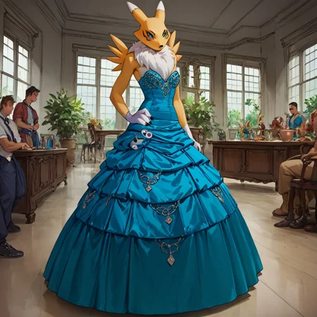 three_quarter_view ,score_9, score_8_up, score_7_up, score_6_up, score_5_up, score_4_up, source_furry, rating_explicit,
Renamon at a ball full of people, she is wearing a ballgown and dancing