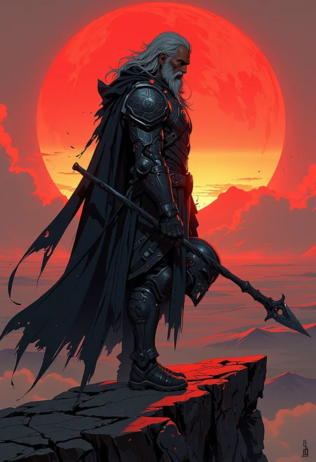 Standing atop a steep cliff that overlooks an endless, barren desert, an ancient Paladin faces the horizon where a massive, crimson sun is setting, casting a surreal blood-red glow across the sand dunes. His figure is partially silhouetted, the intricate engravings on his power armor catching the last light, each scratch and detail of his battle-worn form rendered in striking relief. His beard flows in the wind, streaked with gray and white, as his shadow stretches across the rocky ground behind him, creating an immense sense of scale. Dust and embers swirl around him, sharp in the foreground, then blurring into the vast desert. His helmet rests in one hand, while his other hand clutches a long, twisted staff, the silver headpiece glinting in the fiery light. The contrast between the crimson sun and his dark, imposing armor casts an ominous glow, emphasizing his role as the final protector in a desolate, fading world., <lora:models\Flux\Anime v1.3:1.2>, <lora:models\Flux\Hyper-FLUX.1-dev-16steps-lora:0.13>, Anime, Niji, Cyberpunk, illustration