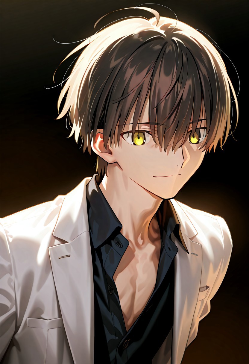 ((masterpiece, best quality, amazing quality, very aesthetic, absurdres)), 
Takeuchi takashi, ((solo)), calm, smile, closed mouth, 1boy, solo, peaceful, closed mouth, slim_build (((yagami_light face))), (((black hair, yellow eyes))), ((short hair, hair between eyes)), (((white suit, open suit, black shirt, collared shirt, black slacks))), no background, dark background, sideshot, cowboy shot, dark background, portrait,