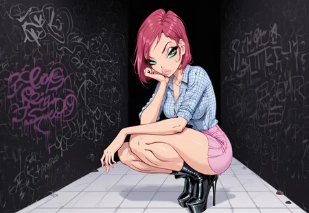 score_9, score_8_up, score_7_up, BREAK, 1girl,, Zfive, sitting on knees, posing, bored face, shirt outfit, looking at viewer, bimbo, (pink graffiti:1.1), tecna, (pink hair:1.2), mature lady, medium hair, (green eyes:1.2), BREAK, black high heels,
detailed face, (glory hole:1.3), (black wall background:1.1)