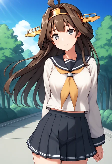 score_9, score_8_up, score_7_up, score_6_up, score_5_up, score_4_up, source_anime, rating:general, 
BREAK,
<lora:kongou_kancolle_ponyXL_v1:1> kongou (kancolle), brown hair, long hair, hairband, grey eyes, 
outdoors, smile, school uniform, serafuku, pleated skirt,