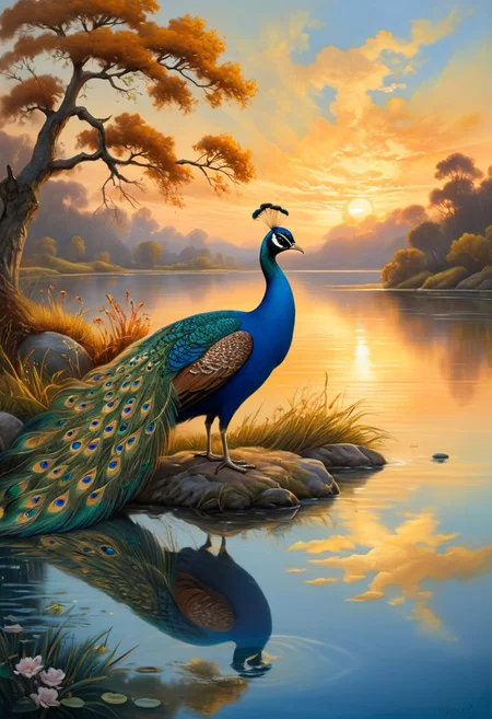 romantic art, low angle, This fantastical painting depicts a single peacock drinking water from a tranquil lake at sunset with clouds casting shadows across the sky. The setting sun bathes the scene in a warm golden light creating an ethereal atmosphere. The peacock's feathers are painted with incredible detail each individual scale visible under the artist's skilled hand. The clouds in the background are depicted in a gradient of colors from soft yellow and oranges to deep blues and gold adding to the dreamlike quality of the scene. The overall style is reminiscent of fantasy art with a focus on intricate details and a sense of wonder. The image is a true masterpiece showcasing the artist's exceptional skill in capturing the beauty and majesty of nature in a surreal and imaginative way. pastel colors, crocheted style