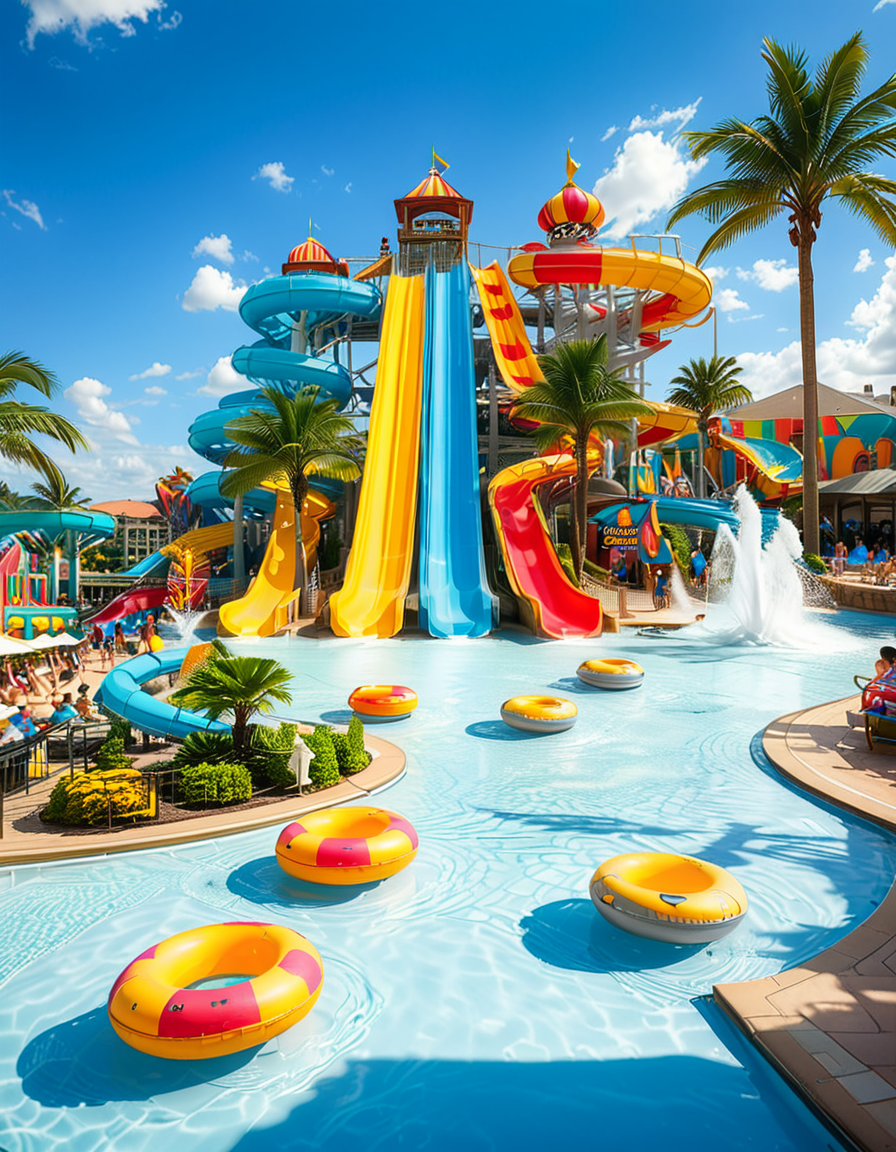 A vibrant and exciting water park on a sunny summer day, filled with families and friends enjoying the attractions. In the foreground, a massive twisting water slide with bright colors (blue, yellow, and red) spirals down into a large, crystal-clear pool. People are mid-air, splashing into the water with big smiles and excitement on their faces. To the left, a lazy river with inflatable tubes gently floats visitors under small waterfalls and palm trees. In the center, a giant wave pool creates artificial waves, with children and adults riding them on inflatable boards. A tall, multi-story play structure with water cannons, tipping buckets, and small slides is surrounded by kids laughing and playing. The background features lounge chairs with sunbathers, colorful umbrellas, and a snack bar selling ice cream and drinks. The sky is bright blue with fluffy white clouds, and the sunlight reflects off the wet surfaces, enhancing the cheerful summer atmosphere. The overall mood is fun, energetic, and full of joy.
<lora:SDXLFaeTastic2400:0.4> <lora:extremely_detailed:0.4> extremely detailed, <lora:water_p4rk:1>,water p4rk, Masterpiece,best quality,hi res,8k,hi res,8k,award winning,(sharp focus, intricate, highly detailed),