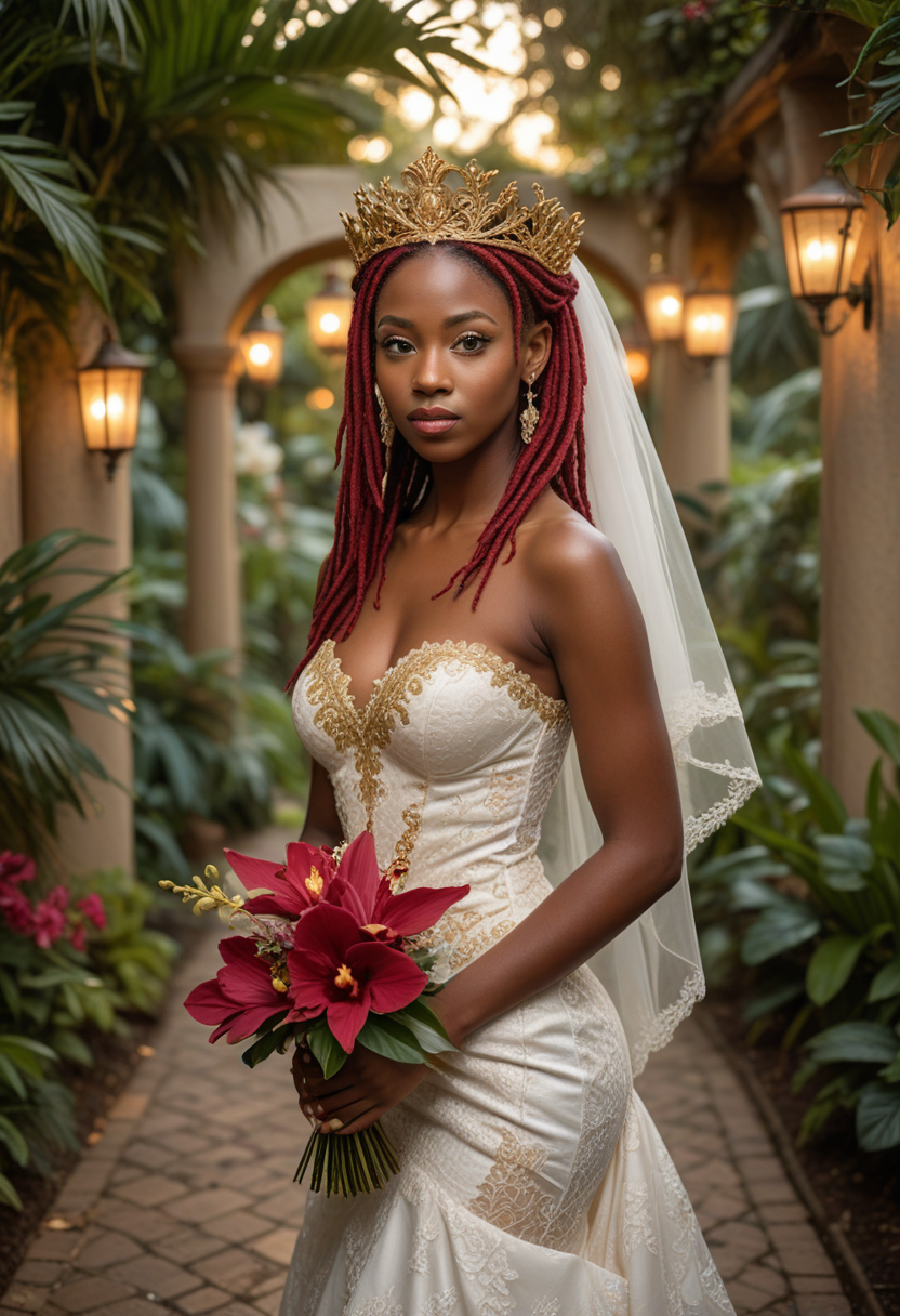 (medium full shot) of  (sexy bride) young woman, south african, dark eyes, dark skin, dark skin, light brown eyes, Medium, medium red dreadlocks hair,  wearing Brocade bustier with gold lace trim, satin draped skirt with brocade detail, jeweled crown, satin platform heels, wedding veil with lace, heirloom brooch, holding a bouquet of tropical bouquet of orchids and hibiscus blooms, set in  Castle Garden, Enchanted garden with fairy lights twinkling in the trees, whimsical sculptures peeking from behind foliage, a winding path leading to a hidden alcove, cozy hammocks swaying gently in the breeze , at sunset, surprised, open mouth, pointing her finger at the viewer, Masterpiece,best quality, photorealistic, amazing quality, very aesthetic, extremely detailed face,