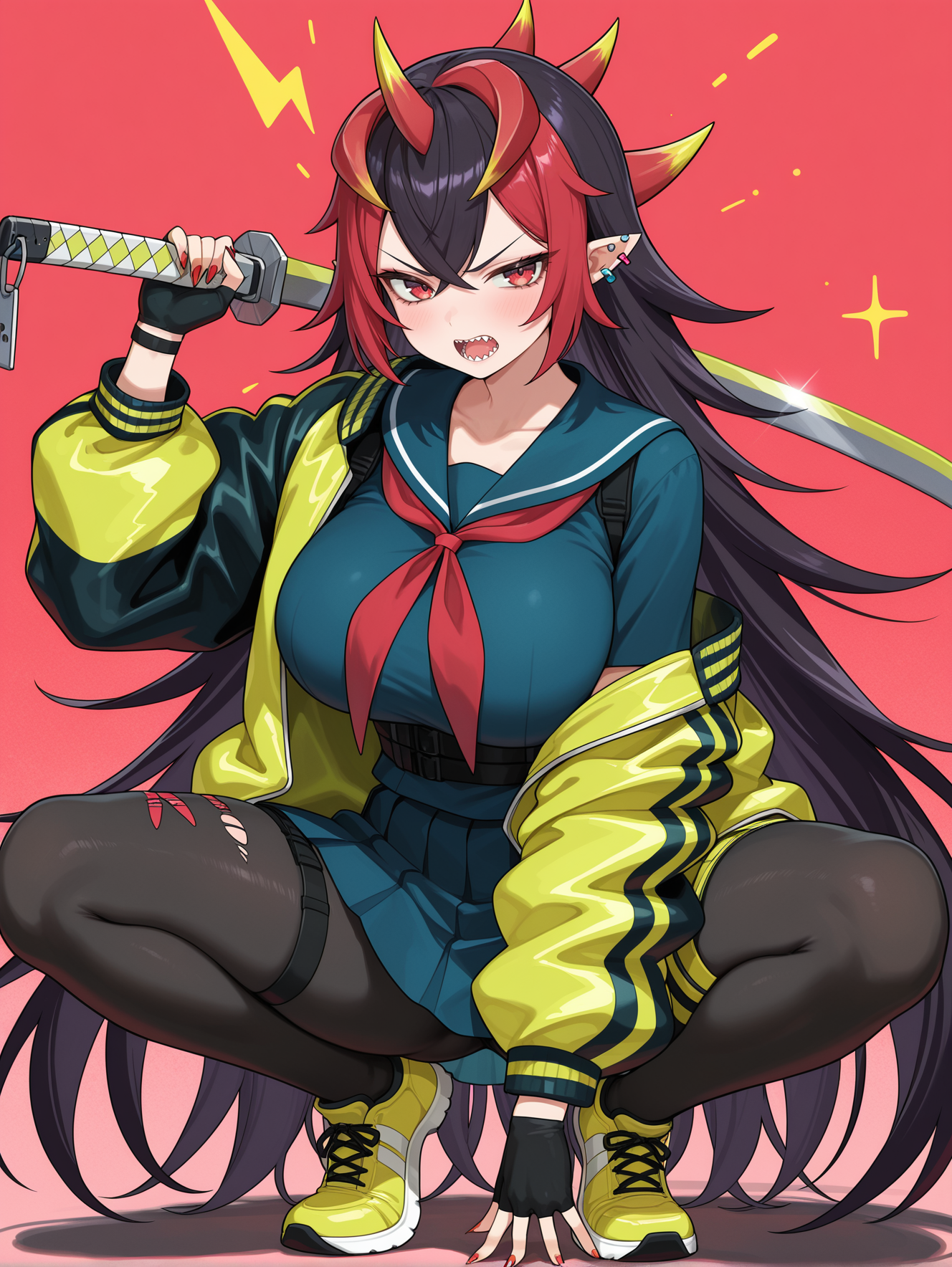 you're finished,oni girl,1girl,solo,sharp teeth,red nails,holding katana,katana,sword over shoulder,squatting,open mouth,large breasts,looking at viewer,yellow sneakers,full body,v-shaped eyebrows,ear piercing,yellow jacket,blue serafuku,red neckerchief,blue pleated skirt,black fingerless gloves,black pantyhose,
masterpiece,best quality,amazing quality,very aesthetic,absurdres,newest,<lora:You're Finished illusXL v1:0.74>,