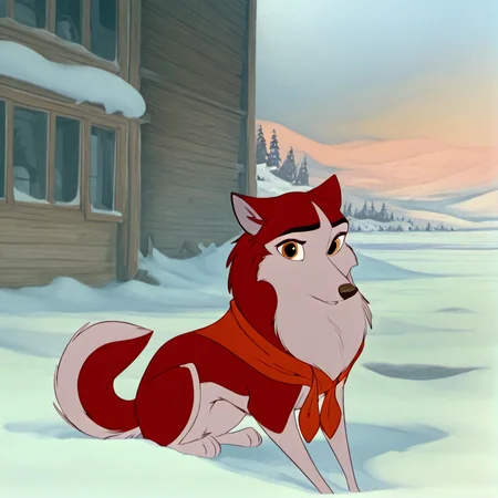(masterpiece), (best quality), (ultra-detailed), amazing quality, very aesthetic, illustration, perfect composition, intricate details, absurdres, incredibly absurdres, <lora:jennabalto2illustrious:1>, 1girl, jenna\(balto\), two tone fur, red fur, canine, no humans, solo, amber eyes, neckerchief, animal, outside, snow, sitting, looking at viewer,