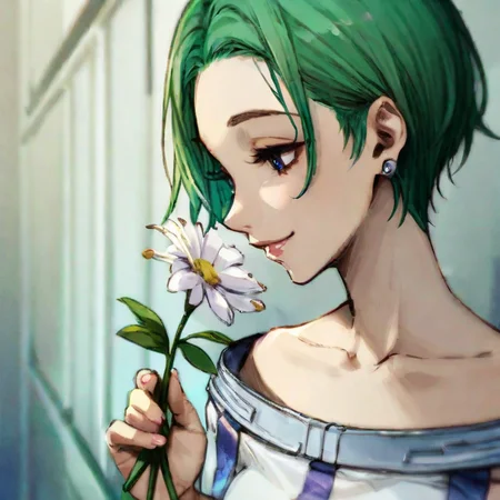 best quality, masterpiece, stella, short hair, green hair, blue eyes, collarbone, hair ornament, smile, holding flowers, sideview