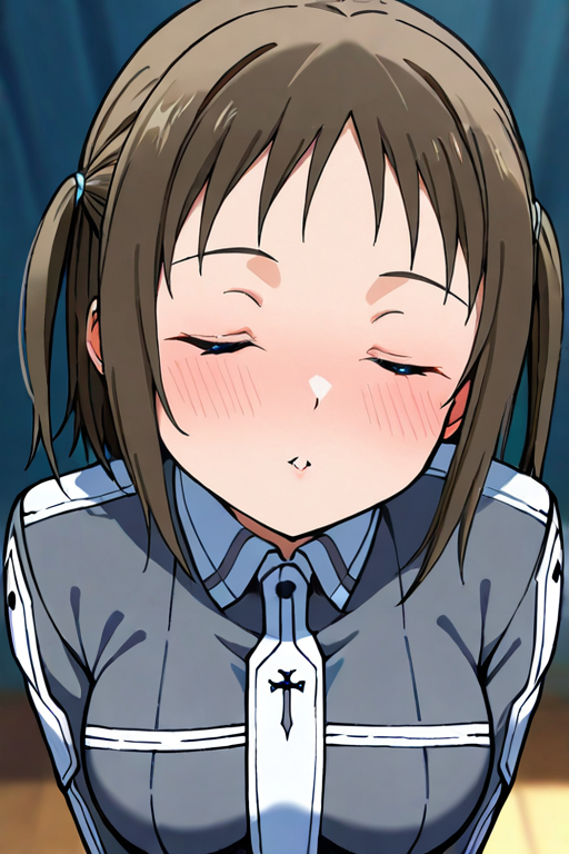 masterpiece, High quality, Ultra detailed, 2d, newest, absurdres, highres, BREAK
1girl, solo, <lora:ronye_arabel:0.8>, ronye_arabel_(sword_art_online), short hair, brown hair, two side up, blue eyes, 
medium breasts, ronyeDef, long sleeves, school uniform, grey jacket, necktie, upper body, 
incoming kiss, closed eyes, blush,
