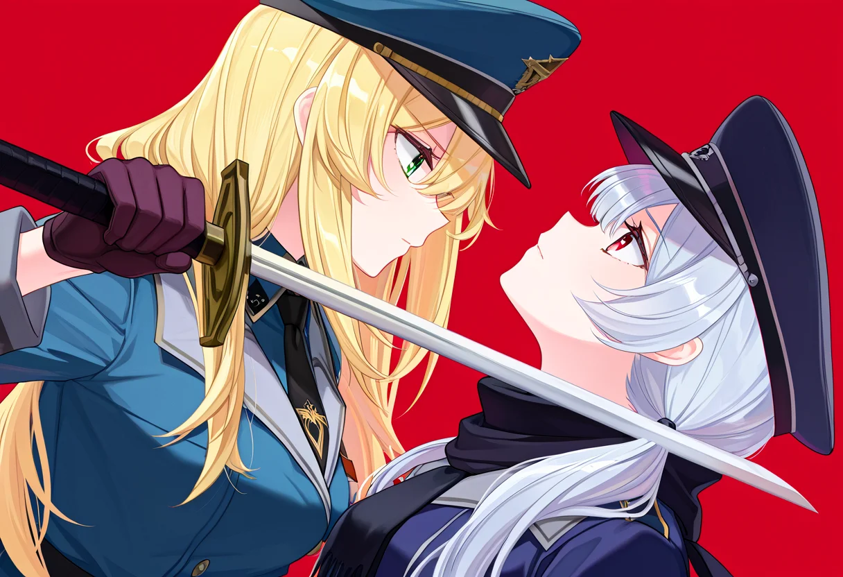 masterpiece, high quality, absurdres, simple background, 2girls, black scarf, blonde hair, collared dress, dress, gloves, green eyes, grey hair, hat, holding, holding sword, holding weapon, long hair, long sleeves, multiple girls, necktie, peaked cap, red background, red eyes, scarf, sword, sword to throat, twintails, <lora:sword_to_throat:1>