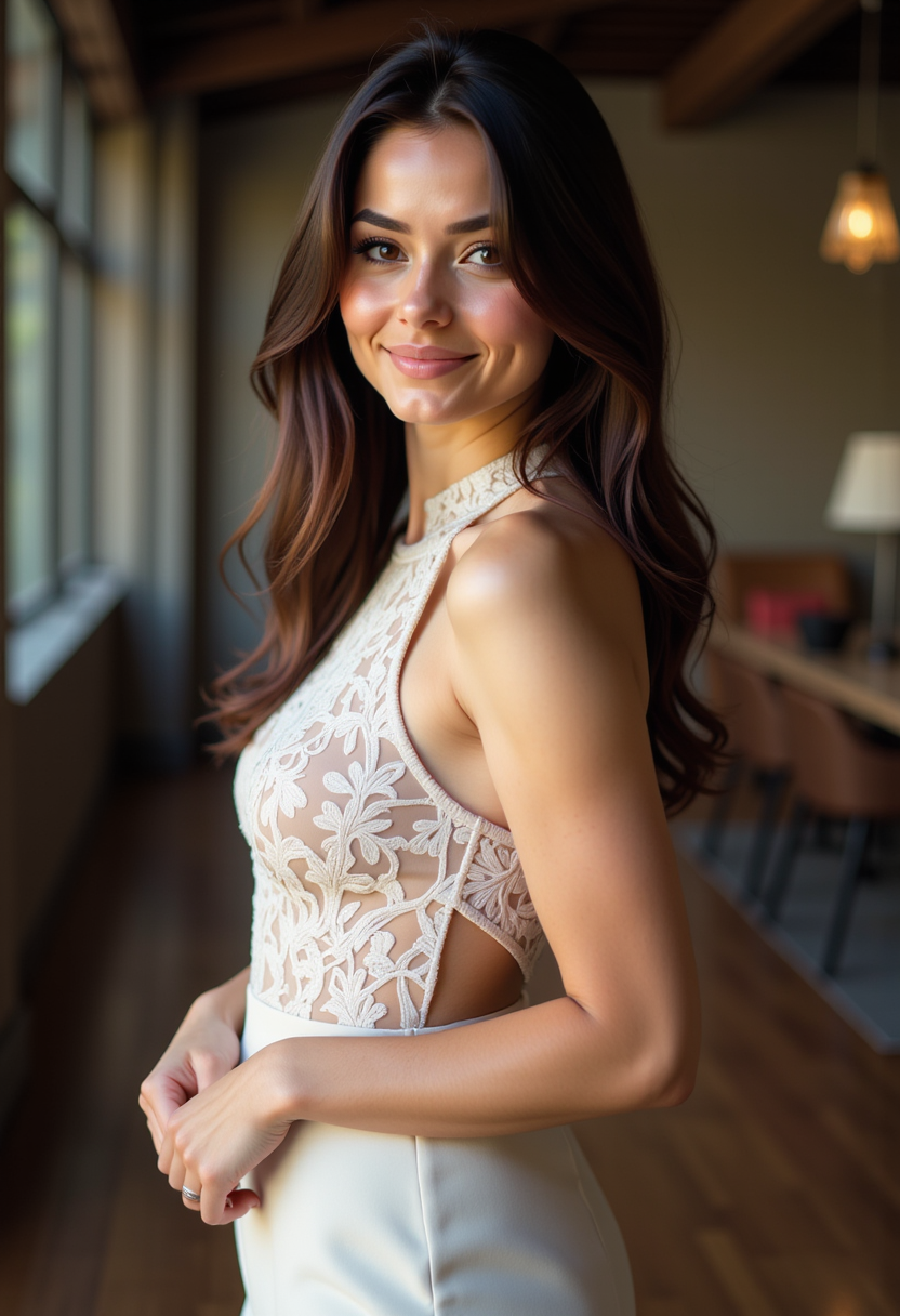 full body view, masterpiece, a beautiful woman,Hyperrealistic, she is smiling, dynamic angles, multiple angles, photoshoot poses; A photo of a woman with hair, she has massive breasts, a beautiful girl,she is wearing a ornate white dress, and white shoes, wooden floor, she is a digital assistant, she is in a posh office. she has piercing eyes. a dynamic pose and a sense of action. she is inside a digital world made up of bits and bytes, and the lighting is soft, creating a dramatic effect, creating a focused and dynamic pose.; the scene is set in a beautiful well-lit environment, with a sense of action and adventure. Style: realistic hyper-detailed rendering, 32k UHD, expressive eyes, punk, graphic design, girl's face, pretty and cute, gleaming lips, telling a tale of adventure. Exuding confidence and serenity. The overall mood of the image is happy and relaxed, detailed skin texture,(blush:0.2),(goosebumps:0.3), subsurface scattering,with a playful and whimsical tone,perfect hand, hand, detailed hand,niji style,retro50s_style,