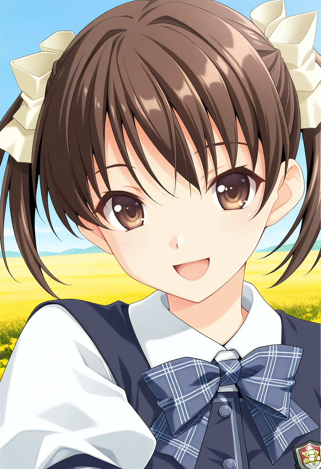 1girl, solo, (field:1.2), (blue sky:1.2), looking at viewer, 
ever17_sara, brown eyes, brown hair, short twintails, hair ribbon, bowtie, school uniform, vest, puffy short sleeves, plaid bow, <lora:ever17_sara_illustrious_ver1:0.8> 
smile, open mouth,, masterpiece, best quality, general,, (upper body:1.2), (close-up:1.2), (facing viewer:1.2), (open eyes:1.4), (portrait:1.2)