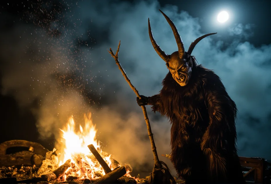 A scene of one Krampus figure looming over a crackling bonfire with traditional birch branches and glowing eyes, surrounded by ominous fog, under the glow of a full moon, with snowflakes gently falling, creating a mystical, haunting ambiance, in sharp focus, with crisp details, and a freeze-frame effect.<lora:bv-krampus-v1.safetensors:1.0:1.0>