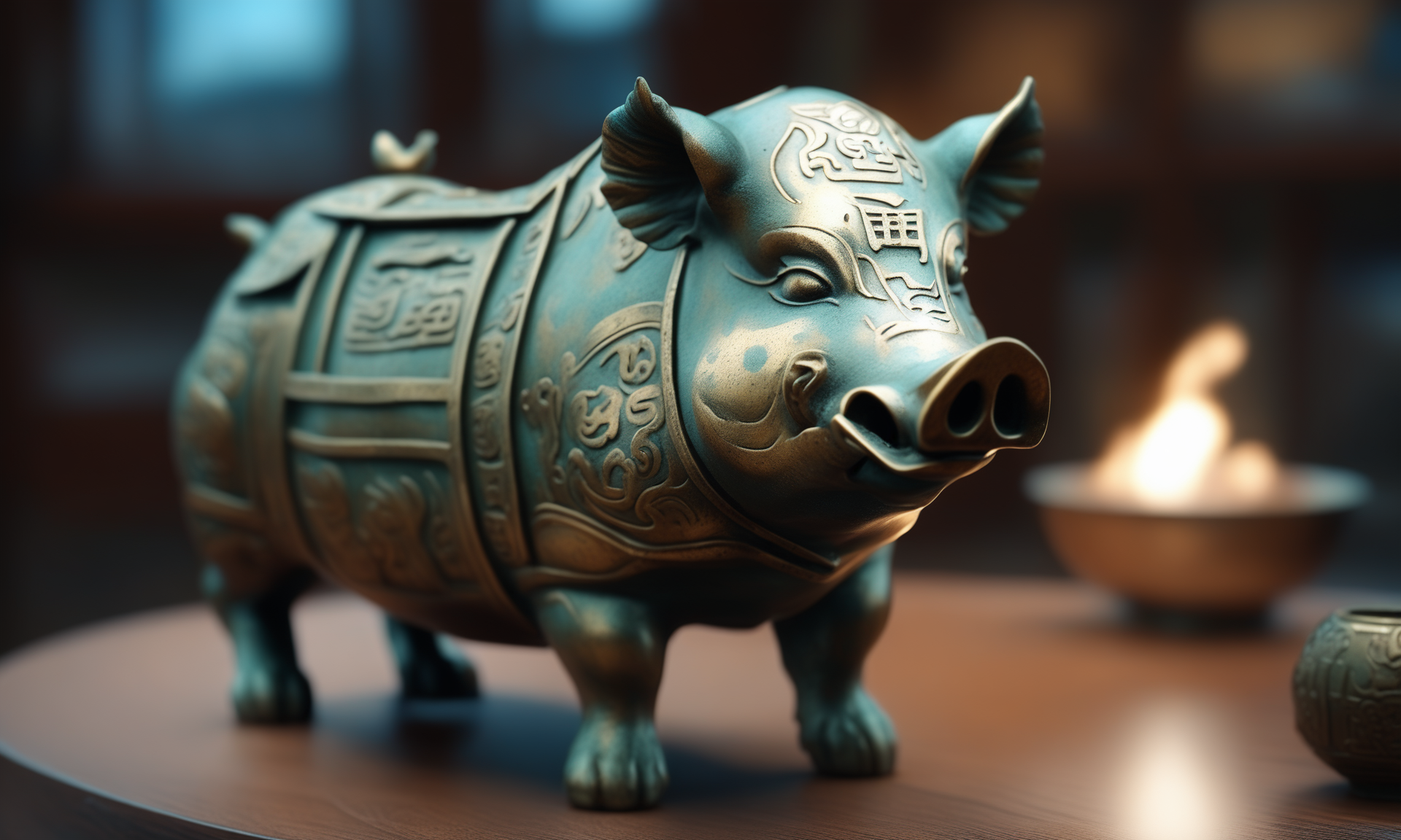 <lora:bronzecd_xl-000006:0.7>,a statue of a boar made of (bronzecd_xl,bron,cyan:0.1) in office scene,full body,miniature,tilt-shift,indoors,chinese zodiac,wooden table,cutie,cute,still life,animal statue,front view,facing viewer,looking at viewer,(Unbelievable Digital Artwork:1.3),CGSociety,ArtStation,master works, 8K, HDR, UHD, masterpiece, best quality, highly detailed, high resolution, finely detail, extremely detailed, ultra detailed, wallpaper