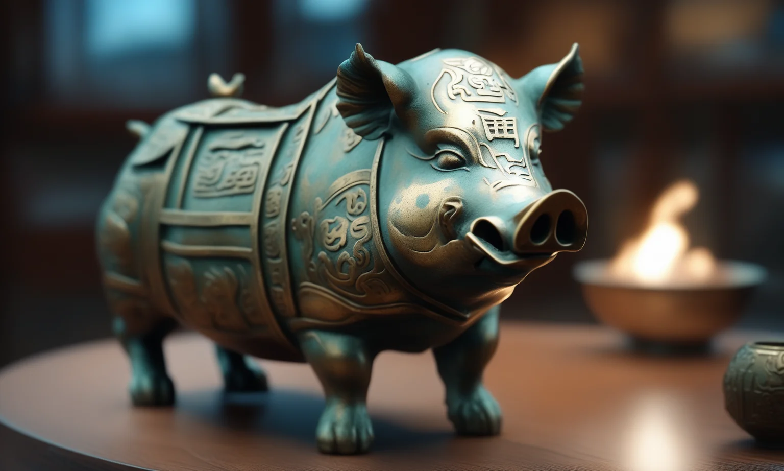 <lora:bronzecd_xl-000006:0.7>,a statue of a boar made of (bronzecd_xl,bron,cyan:0.1) in office scene,full body,miniature,tilt-shift,indoors,chinese zodiac,wooden table,cutie,cute,still life,animal statue,front view,facing viewer,looking at viewer,(Unbelievable Digital Artwork:1.3),CGSociety,ArtStation,master works, 8K, HDR, UHD, masterpiece, best quality, highly detailed, high resolution, finely detail, extremely detailed, ultra detailed, wallpaper