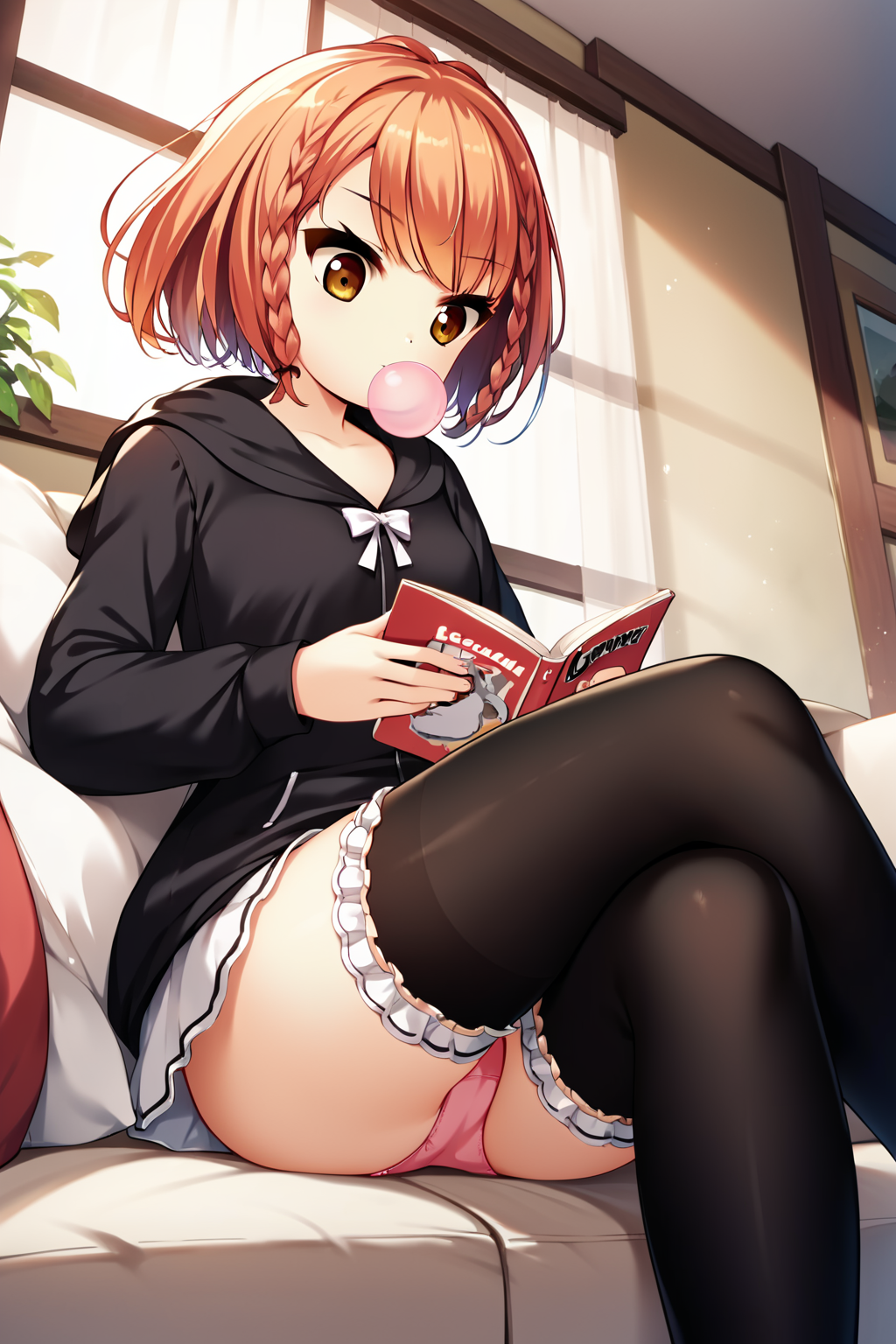 score_9, score_8_up, score_7_up, score_6_up, rating_questionable, source_anime, best quality, masterpiece, detailed background, (cowboy shot), living room, sitting on couch, reading magazine, bubble gum, legs crossed, looking down, neutral expression, <lora:kusakabe-korona-xl-04:1>, kusakabe korona, small breasts, black hoodie, pink panties, no pants, black thighhighs, frilled thighhighs,