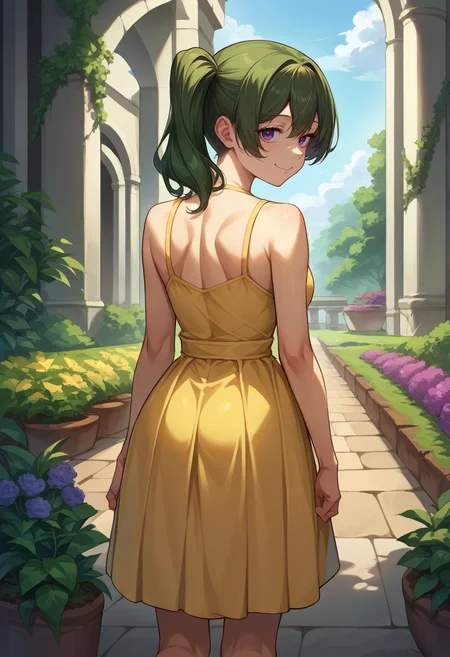 score_9, score_8_up, source_anime, 1girl, solo, UbelFrieren, purple eyes, dark green hair, medium hair, side ponytail, from behind, yellow sundress, garden, day, sunshine, smile, looking back, <lora:CHAR-UbelPonyXL:1>