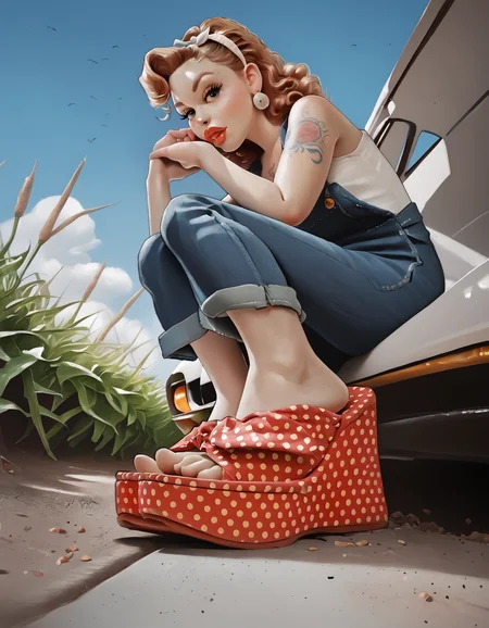 score_9, score_8_up, score_7_up, score_6_up, score_5_up, score_4_up,
from below, (from side:0.6),
outdoors, field,
1girl, r0ckabilly, lipstick, earrings, tattoo, curly hair, white hairband,
white tube top, bib overalls,
medium breasts,
(squatting), leaning on a car, classic car, car,
(m1nn1e sandals), feet, toes, foot focus,
embedding:zPDXL2 ,