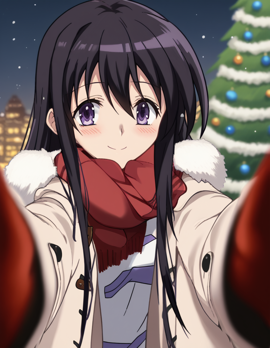 score_9, score_8_up, score_7_up, source_anime, <lora:kyouko-sonan-s1-ponyxl-lora-nochekaiser:1>, kyouko sonan, long hair, black hair, purple eyes, hair between eyes, sidelocks, anime screencap,, <lora:pov-cheek-warming-ponyxl-lora-nochekaiser:1>, pov cheek warming, pov cheek warming (meme), winter gloves, duffel coat, fur-trimmed scarf, winter clothes, red mittens, meme, winter coat, red scarf, fur-trimmed coat, reaching towards viewer, reaching, mittens, fur-trimmed hood, white coat, open coat, scarf, coat, red gloves, snowing, pov, fur trim, depth of field, smile, blush,, christmas, christmas tree, christmas lights,, , dutch angle, cowboy shot