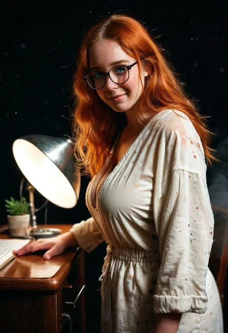 score_9, score_8_up, score_7_up, score_6_up, (realistic:1.2), (hyper detailed), (ultra high resolution), <lora:zy_Realism_Enhancer_v1:0.75>,
(sideview),
1girl, ginger, solo, (petite), look at viewer, 20 years old,
standing, heads up, 
BREAK
(freckles:0.8), large sagging breasts,
ginger hair, long hair, straight hair, 
blue eyes, glasses, 
happy, shy,
loose clothes, (plump:1.2), soft skin,
(black background), 
night,
sidelighting, fog, desk,