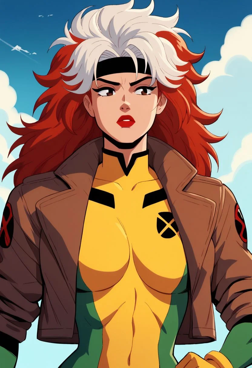 dskrge_xm3n, 1girl, bodysuit, cloudy sky, cosplay, dyed bangs, gloves, brown jacket, headband, jacket, lipstick, long hair, makeup, multicolored bodysuit, multicolored clothes, red hair, retro artstyle, sky, solo, upper body, white hair, yellow bodysuit, two tone bodysuit, yellow bodysuit, green bodysuit, 1990s style, source_cartoon, score_9, score_8_up, score_7_up, score_6_up, score_5_up, score_4_up,