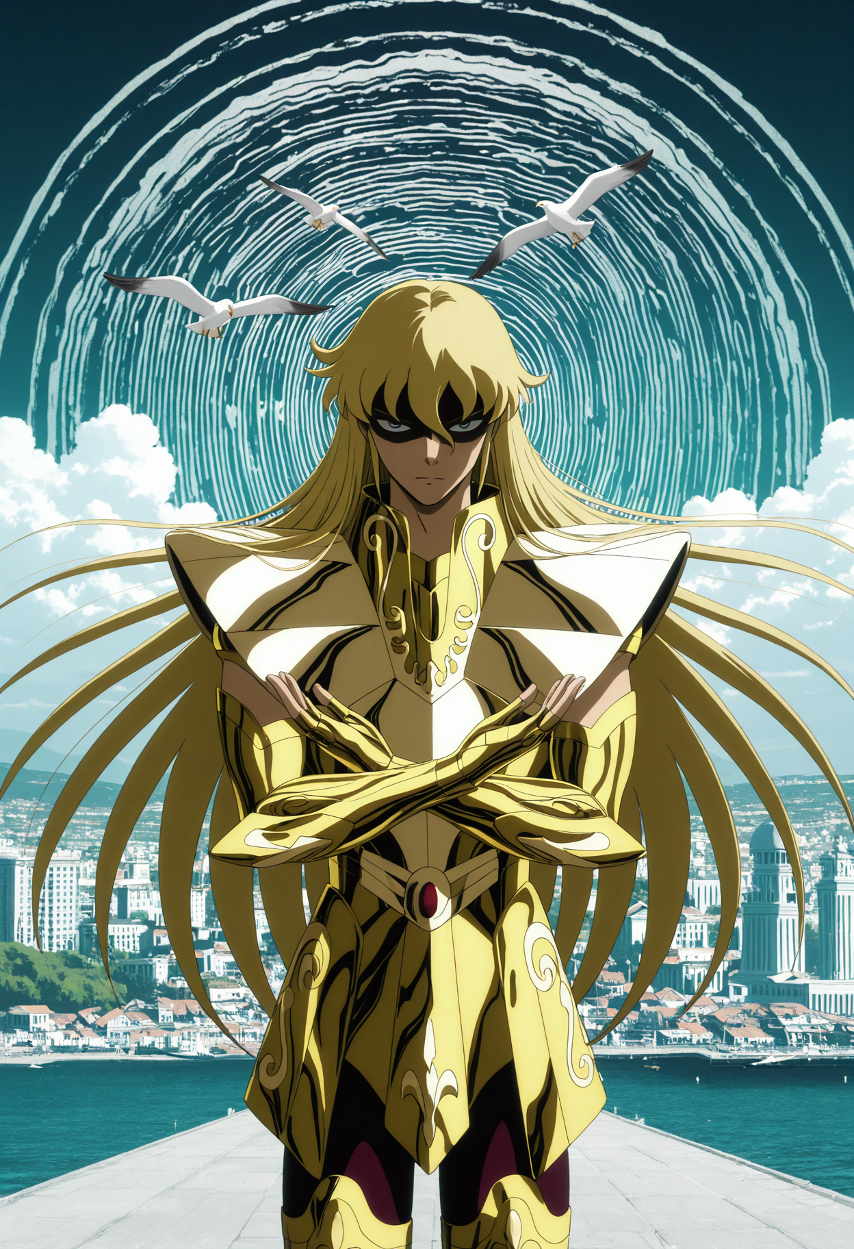 <lora:[Char - IL] Saint Seiya - Shaka (R1E11):1> ss_shaka, virgo armor, blonde hair,
solo, 
three-quarter view,
    cowboy shot,
determined,
closed mouth, ,
shaded face,
,
arms across body, open hands,
BREAK
very awa, best quality, masterpiece, highres,
iridescent, abstract background, pattern, symbol, outlined ohm symbol background, symbolism,
spiral background,
WHITE theme,,
afternoon, greco roman architecture, outdoors, street, hillside, coast, layered city, harbor, seagull, afternoon,
