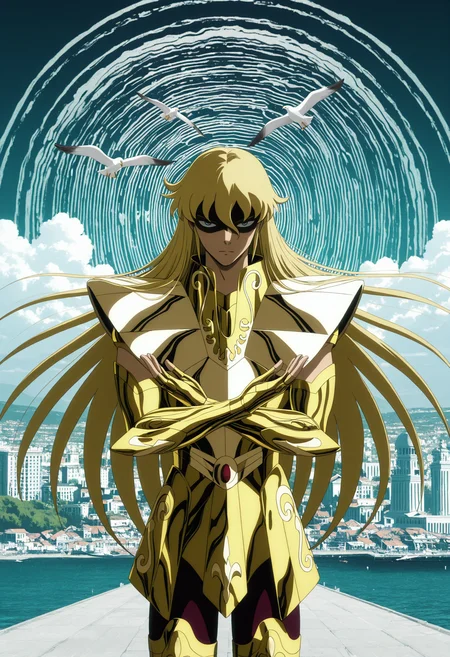 <lora:[Char - IL] Saint Seiya - Shaka (R1E11):1> ss_shaka, virgo armor, blonde hair,
solo, 
three-quarter view,
    cowboy shot,
determined,
closed mouth, ,
shaded face,
,
arms across body, open hands,
BREAK
very awa, best quality, masterpiece, highres,
iridescent, abstract background, pattern, symbol, outlined ohm symbol background, symbolism,
spiral background,
WHITE theme,,
afternoon, greco roman architecture, outdoors, street, hillside, coast, layered city, harbor, seagull, afternoon,