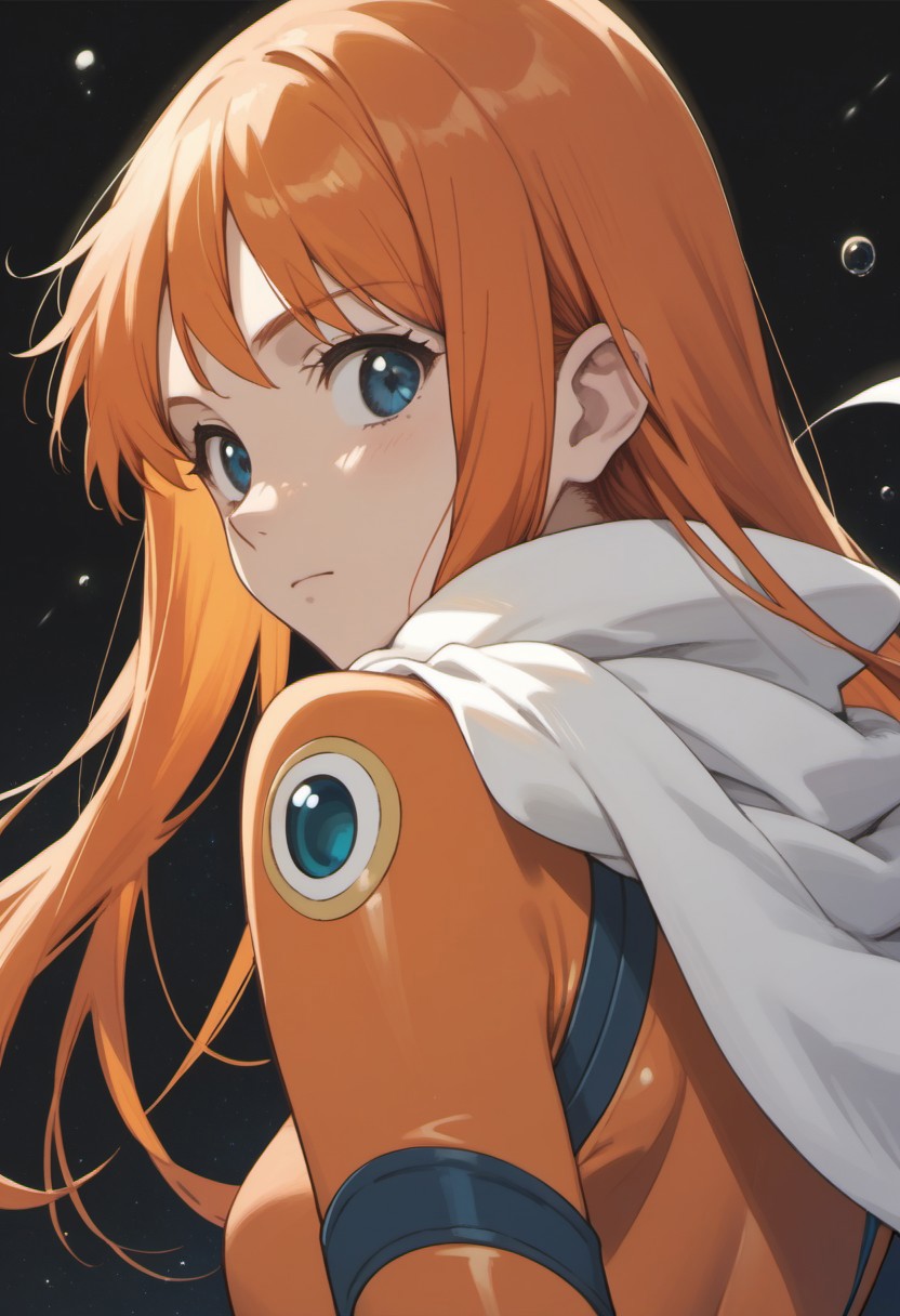 score_9, score_8_up, score_7_up, source_anime, nono, 1girl, solo, blue eyes, long hair, orange hair, looking back, looking at viewer, bodysuit