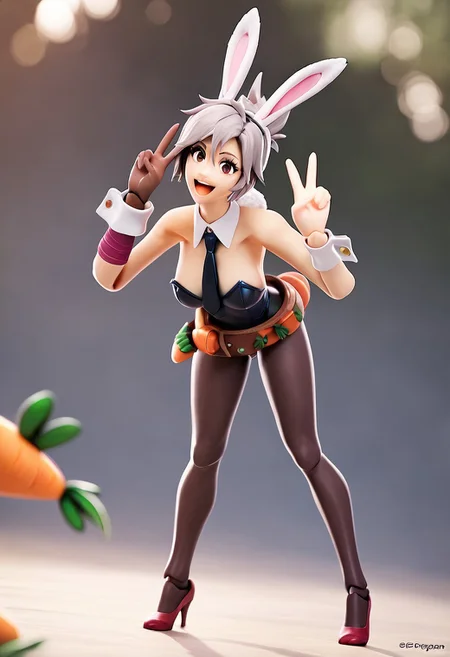 score_9,score_8_up,score_7_up,<lora:spfigmaFigurineXLPony2:0.8>,3d,figma,depth of field,blurry background,Rvn, Buny, rabbit ears, short hair, tucked ponytail, detached collar, necktie between breasts, bare shoulders, strapless leotard, single glove, single wrist cuff, tail, belt with carrot shaped pouch, pantyhose, high heels,happy,leaning forward,double v,