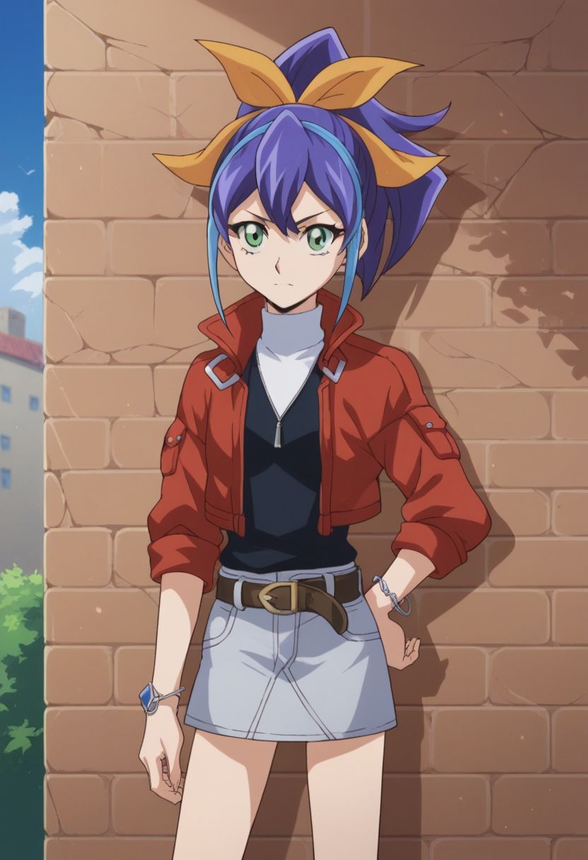 score_9, score_8_up, score_7_up, source_anime, highly detailed, 
1girl, solo, blue hair, purple hair, jacket, ponytail, multicolored hair, skirt, green eyes, bow, hair bow, two-tone hair, jewelry, bracelet, belt, open jacket, zipper, black shirt, grey skirt, uper body,
outdoor, sky, wall, cracks,