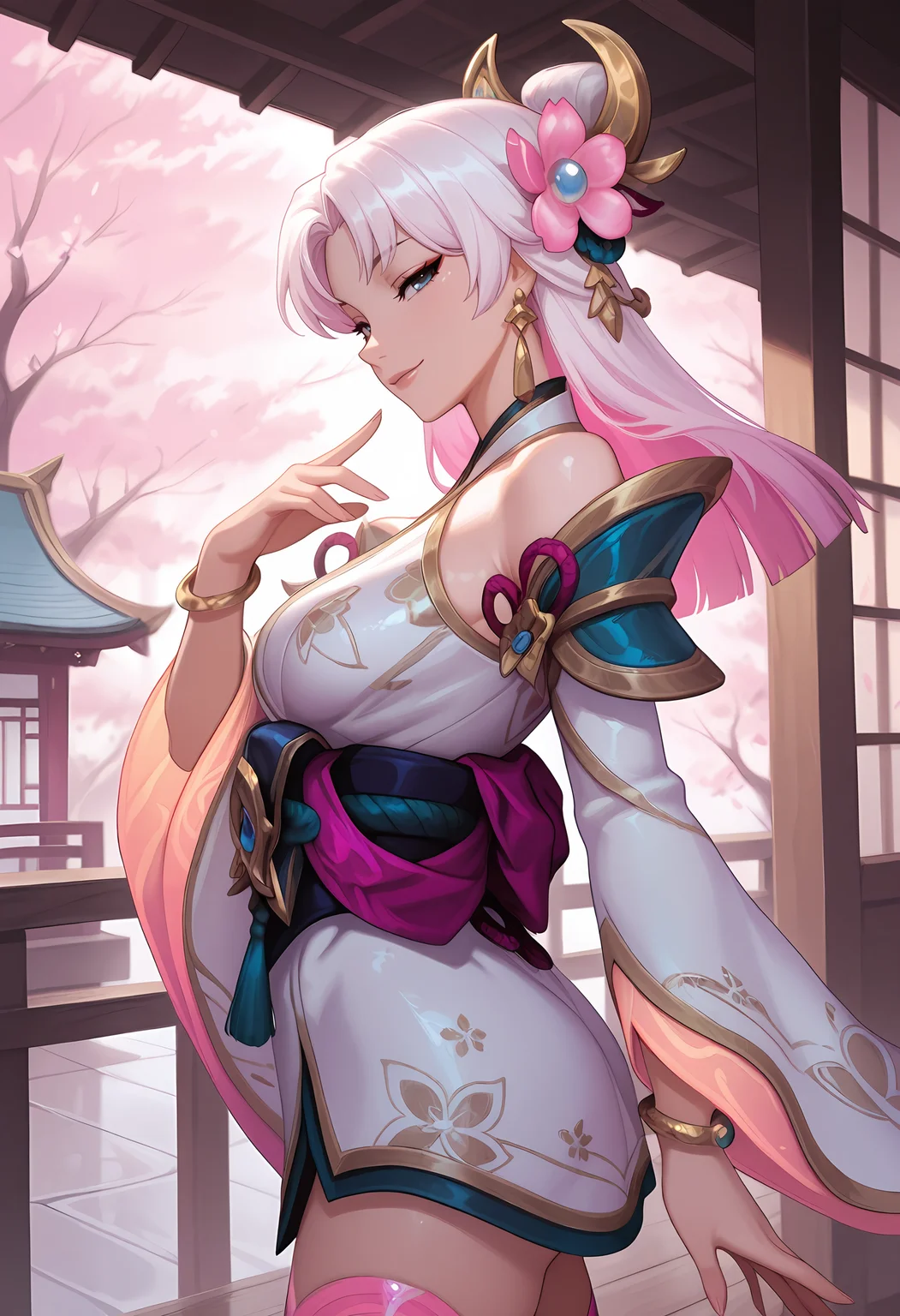 1girl, solo, looking at viewer, from side, seductive smile, cherry blossoms, east asian architecture, medium breasts, <lora:SBLuxIL-20:1>, sbluxil, hair ornament, blunt ends, white hair, pink hair, jewelry, long sleeves, japanese clothes, blue eyes, hair flower, pink flower, detached sleeves, wide sleeves, sash, bare shoulders, earrings, bracelet, gradient legwear, masterpiece, best quality, amazing quality, blunt