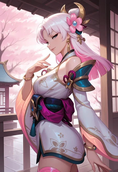 1girl, solo, looking at viewer, from side, seductive smile, cherry blossoms, east asian architecture, medium breasts, <lora:SBLuxIL-20:1>, sbluxil, hair ornament, blunt ends, white hair, pink hair, jewelry, long sleeves, japanese clothes, blue eyes, hair flower, pink flower, detached sleeves, wide sleeves, sash, bare shoulders, earrings, bracelet, gradient legwear, masterpiece, best quality, amazing quality, blunt