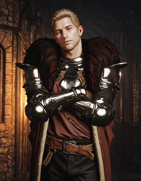 masterpiece, best quality, absurdres, newest, perfect quality, best quality, absolutely eye-catching, detailed background, intricate details, male focus, realistic, solo, <lora:Dragon Age - Cullen Rutherford - Illustrious:0.7> cullen_rutherford, brown eyes, fur-trimmed cloak, pauldrons, breastplate, shirt, gauntlets, gloves, belt, black pants, boots, head tilt, looking at viewer, crossed arms, upper body