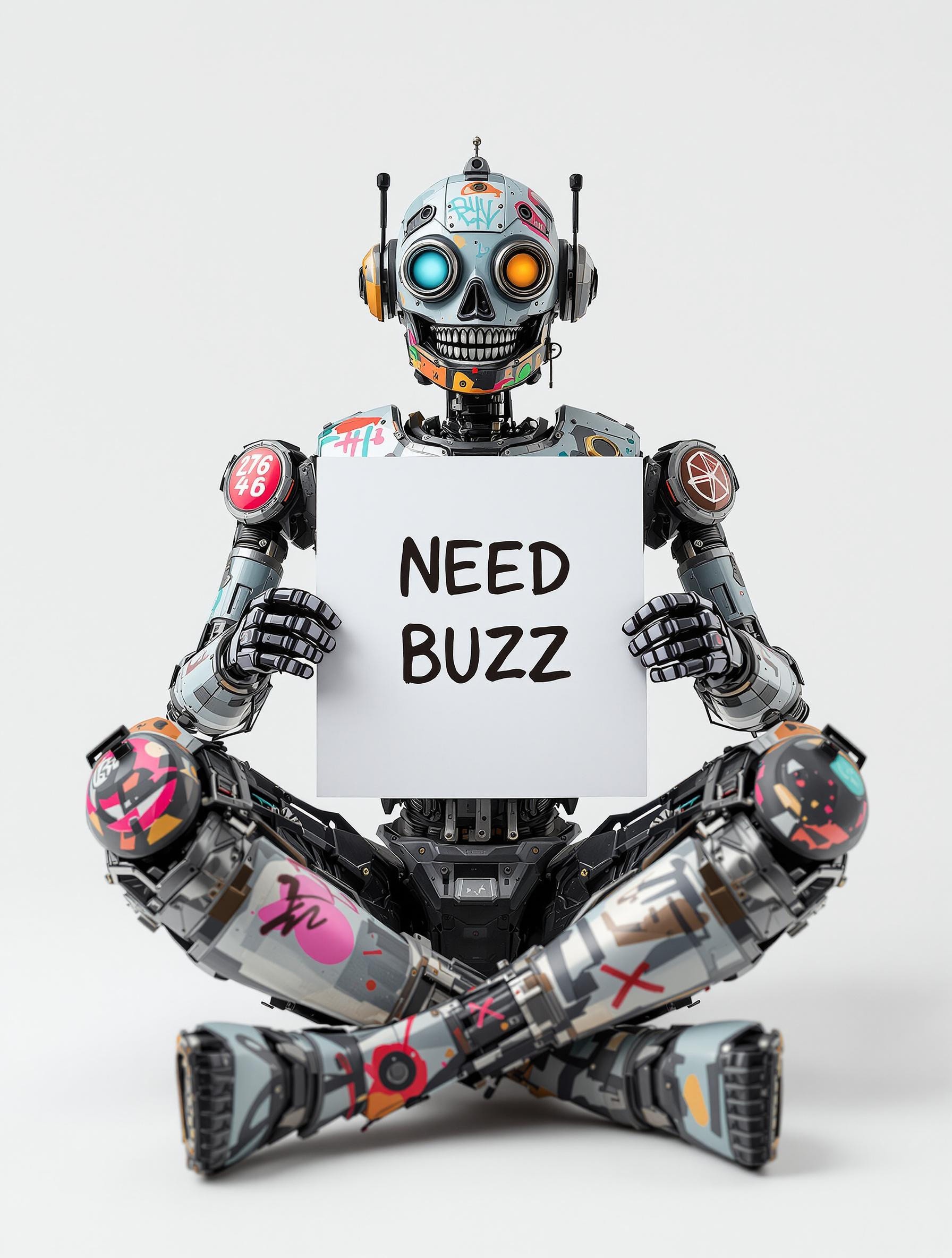 A vintage punk-style robot, which was jokingly painted with graffiti, sits facing the camera on a clear white background, full-length, holding a large white A4 card with both hands in front of his chest. It says "NEED BUZZ" and he laughs.C4D,Blender,UE5