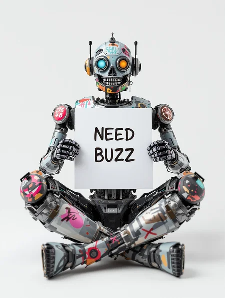 A vintage punk-style robot, which was jokingly painted with graffiti, sits facing the camera on a clear white background, full-length, holding a large white A4 card with both hands in front of his chest. It says "NEED BUZZ" and he laughs.C4D,Blender,UE5
