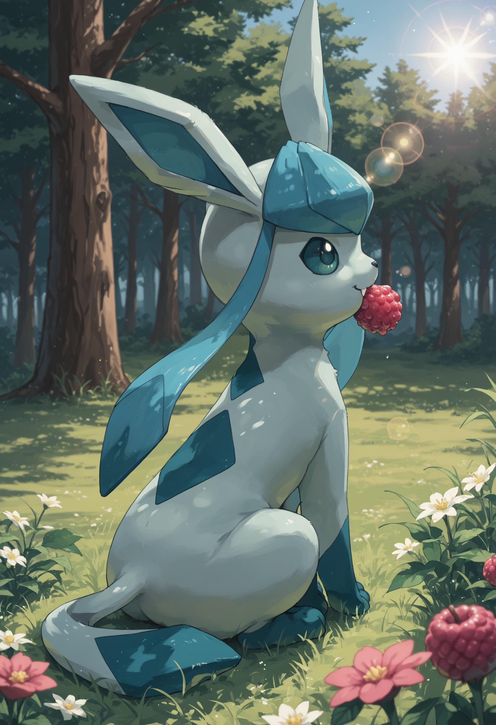 score_9, score_8_up, score_7_up, source_anime BREAK
forest, trees, grass, sunbeam, lens flare, flowers, solo
GL4C30N, quadraped, light blue skin, teal paws, long ears, tail, teal eyes
sitting, from side, sideview, eating berry, dutch angle, happy, fang, mouth hold
<lora:Glaceon_Pokemon:1>