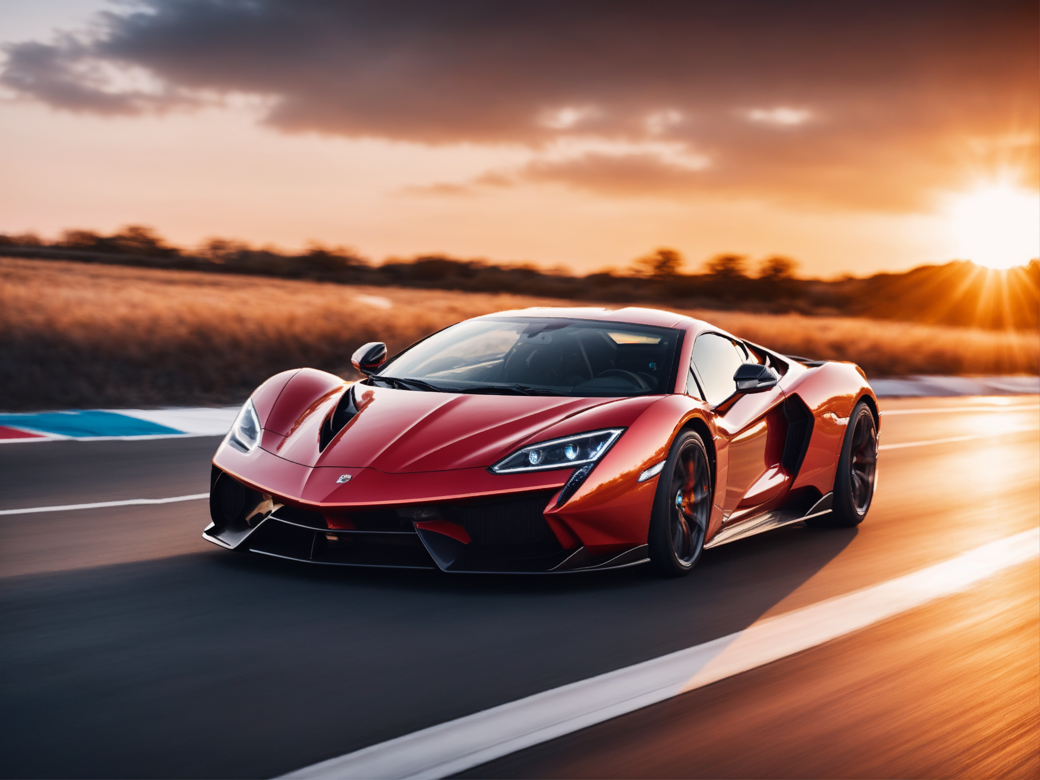 photo of a supercar, 8k uhd, high quality, road, sunset, motion blur, depth blur, cinematic, filmic image 4k, 8k. Natural sunlight, vibrant color, reflections