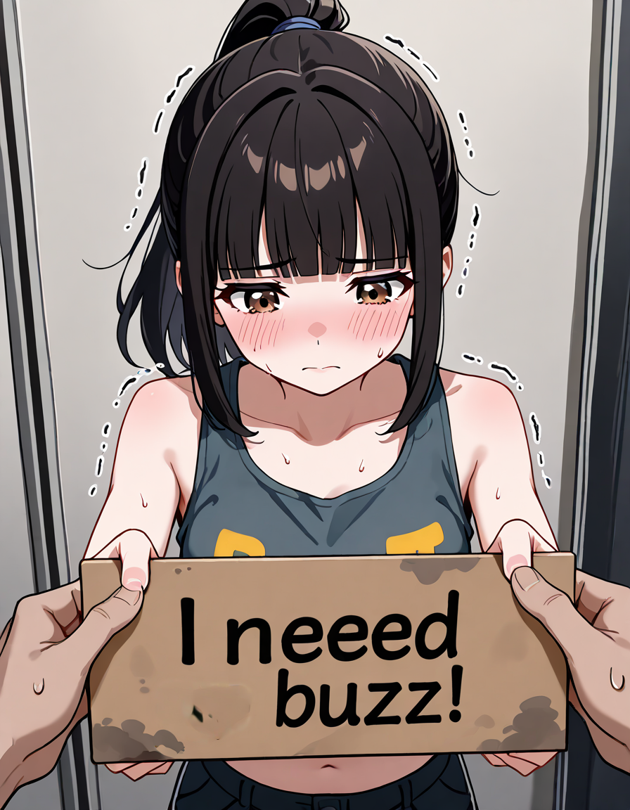 1girl,high ponytail,black hair,blunt bangs,brown eyes,<lora:need_buzz_sign:1>,need_buzz,sad,anguish,disappointed,sweat,light_blush,midriff,tank_top,looking_down,outstretched_arms,dirty_clothes,trembling,reaching,viewpoint holding out the sign,